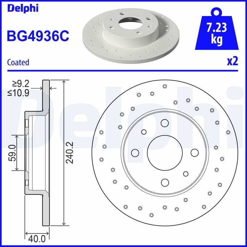 DELPHI BG4936C: Brzdový kotouč R: 240mm, plný, děrovaný, R: 240mm, nátěr