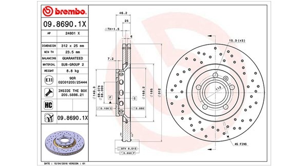 MAGNETI MARELLI 360406001602: Piduriketas Ø: 312mm, augustatud/sise, Ø: 312mm, koos kruvidega