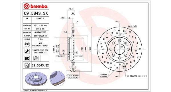 MAGNETI MARELLI 360406024302: Bremseskive Ø: 257mm, perforeret/indv. ventileret, Ø: 257mm, med skruer