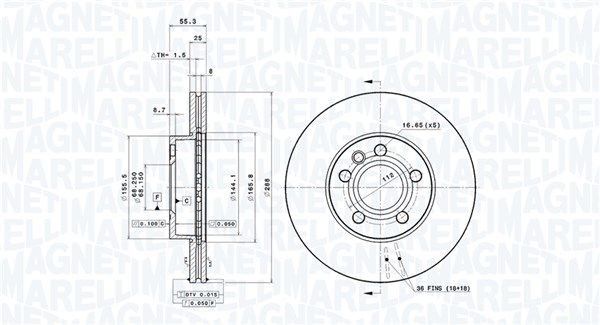 MAGNETI MARELLI 360406049101: Stabdžių diskas Ø: 288mm, vidinis ventiliavimas, Ø: 288mm