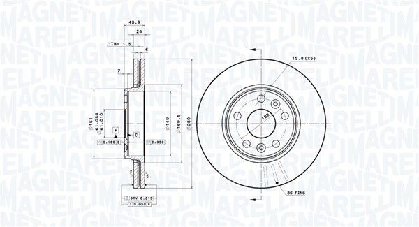 MAGNETI MARELLI 360406119201: Bromsskiva Ø: 280mm, ventilerad invändigt, Ø: 280mm, med skruvar