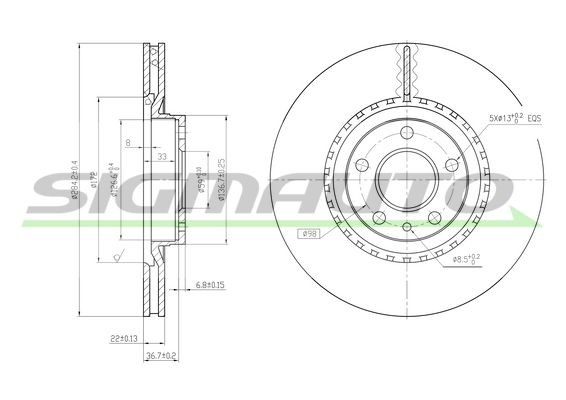 SIGMAUTO DBA156V: Piduriketas Esisild, Ø: 284mm, õhutusega, Ø: 284mm, värvitud