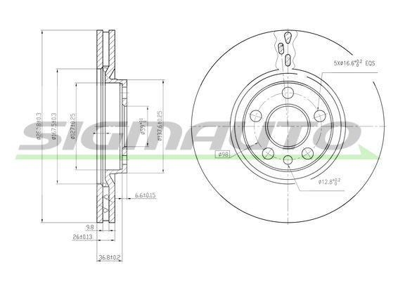 SIGMAUTO DBA760V: Piduriketas Esisild, Ø: 281mm, õhutusega, Ø: 281mm, värvitud