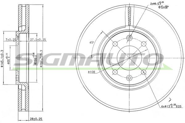 SIGMAUTO DBB106V: Féktárcsa elsőtengely, Ø: 288mm, Szellőztetett, Ø: 288mm