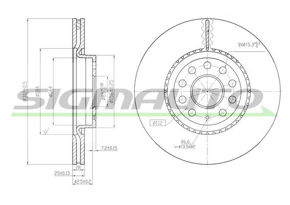 SIGMAUTO DBB305V: Piduriketas Esisild, Ø: 312mm, õhutusega, Ø: 312mm, värvitud