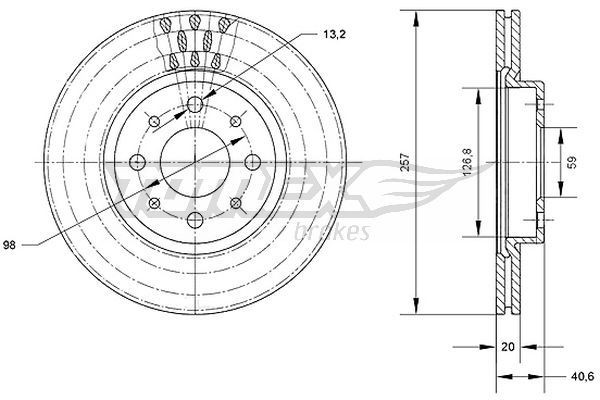 TOMEX brakes TX 70-42: Féktárcsa elsőtengely, Ø: 257mm, Szellőztetett, Ø: 257mm, lakkozott