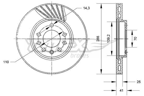 TOMEX brakes TX 70-55: Brzdový kotouč R: 288mm, větráno, R: 288mm, lakováno