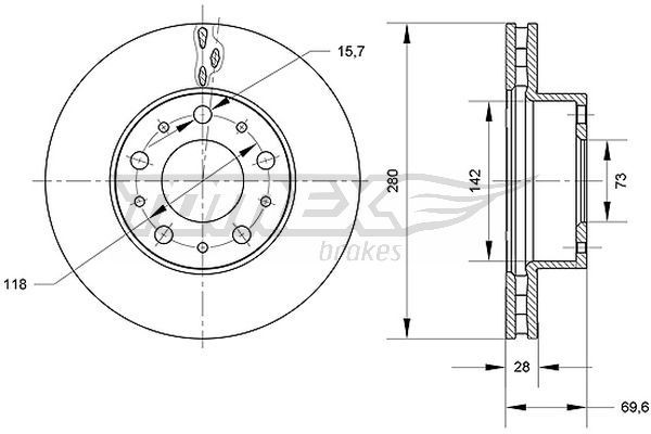 TOMEX brakes TX 70-95: Féktárcsa elsőtengely, Ø: 280mm, Szellőztetett, Ø: 280mm, lakkozott