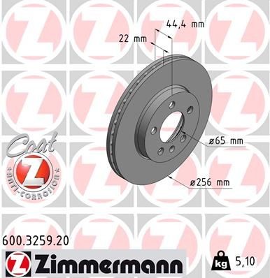 ZIMMERMANN 600.3259.20: Δισκόπλακα COAT Z Ø: 256mm, εσωτερικά αεριζόμενο, Ø: 256mm, με επίστρωση