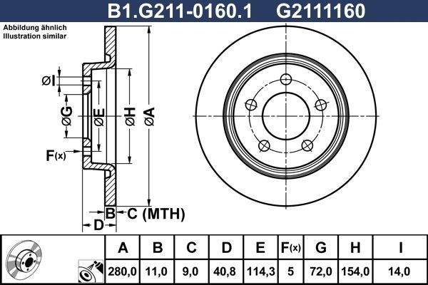 GALFER B1.G211-0160.1: Δισκόπλακα Ø: 280,0mm, πλήρες, Ø: 280,0mm, με επίστρωση