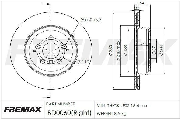 FREMAX BD-0060: Stabdžių diskas Ø: 330mm, ventiliuojama, Ø: 330mm, padengta