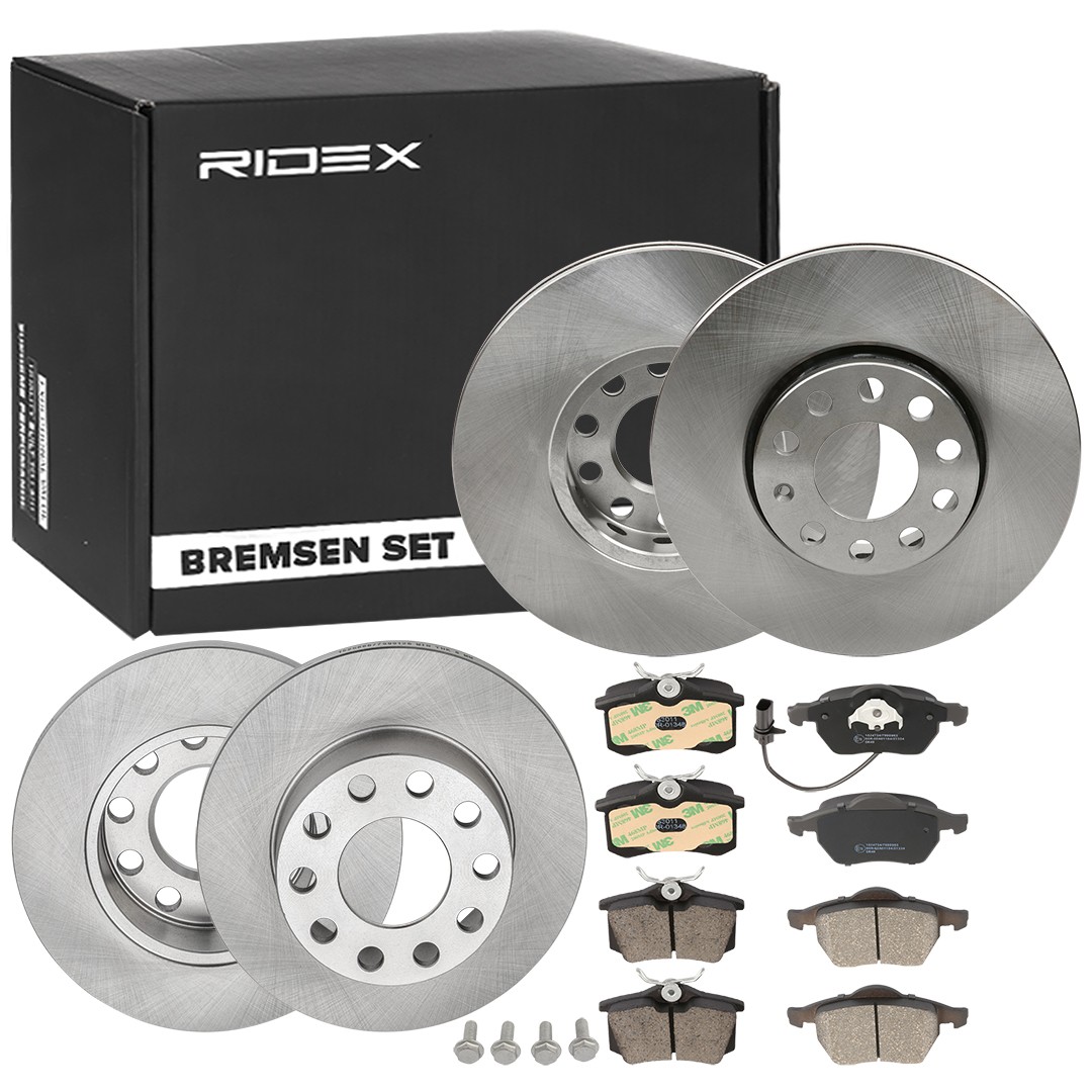 RIDEX 3405B0353: Kit de discos de freno y pastillas Eje delantero, Eje trasero, Ø: 288, 245,0mm, ventilado, macizo