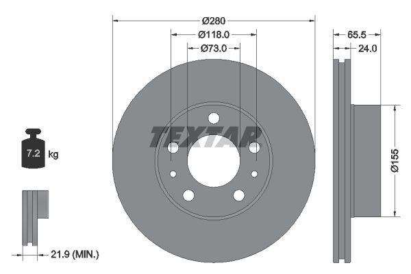 TEXTAR 92305203: Féktárcsa PRO Ø: 280mm, belső hűtésű, Ø: 280mm, bevonatolt, kerékagy nélkül, kerékcsapágy nélkül, kerékrögzítő csavar nélkül