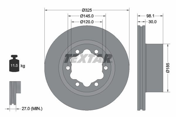 TEXTAR 92305803: Stabdžių diskas PRO Ø: 325mm, vidinis ventiliavimas, Ø: 325mm, padengta, be rato stebulės, be rato guolio, be rato tvirtinimo smeigių