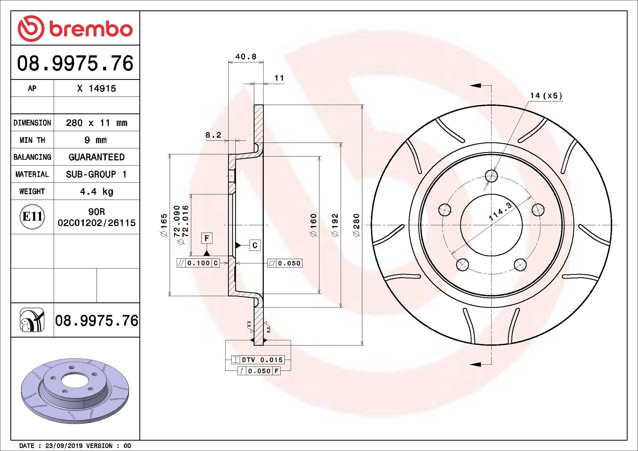 BREMBO 08.9975.76: Piduriketas XTRA LINE - Max Ø: 280mm, täis, piludega, Ø: 280mm, kaetud