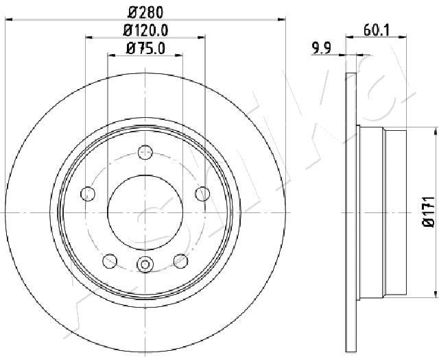 ASHIKA 61-00-0107: Stabdžių diskas galinė ašis, Ø: 280mm, visiškai, Ø: 280mm