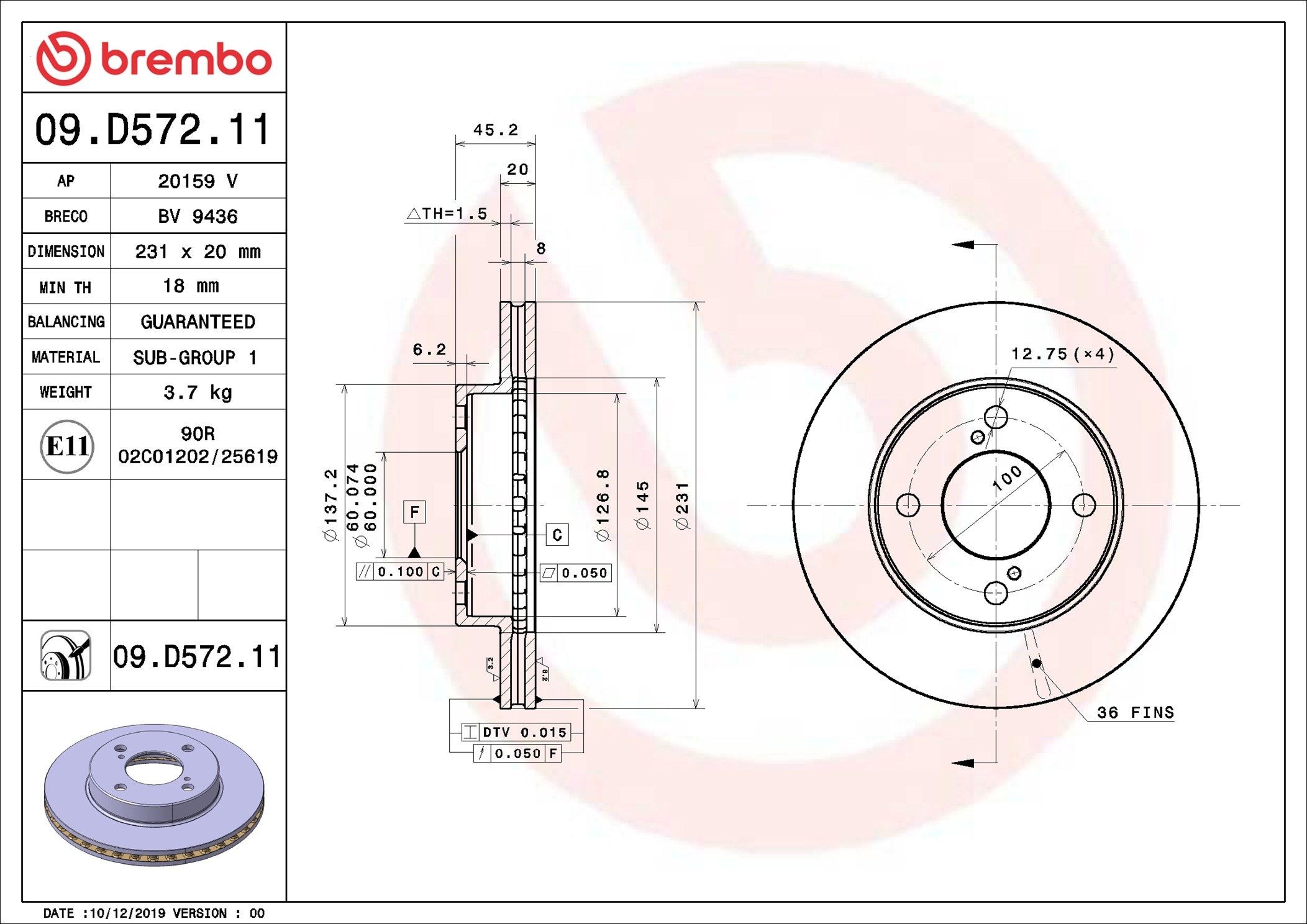 BREMBO 09.D572.11: Piduriketas PRIME LINE - UV Coated Ø: 231mm, sisemine õhutus, Ø: 231mm, kaetud