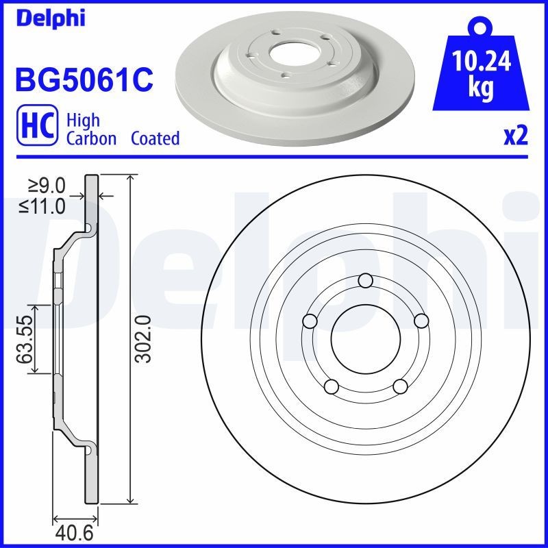 DELPHI BG5061C: Bremseskive Ø: 302mm, fuldstændigt, Ø: 302mm, coatet