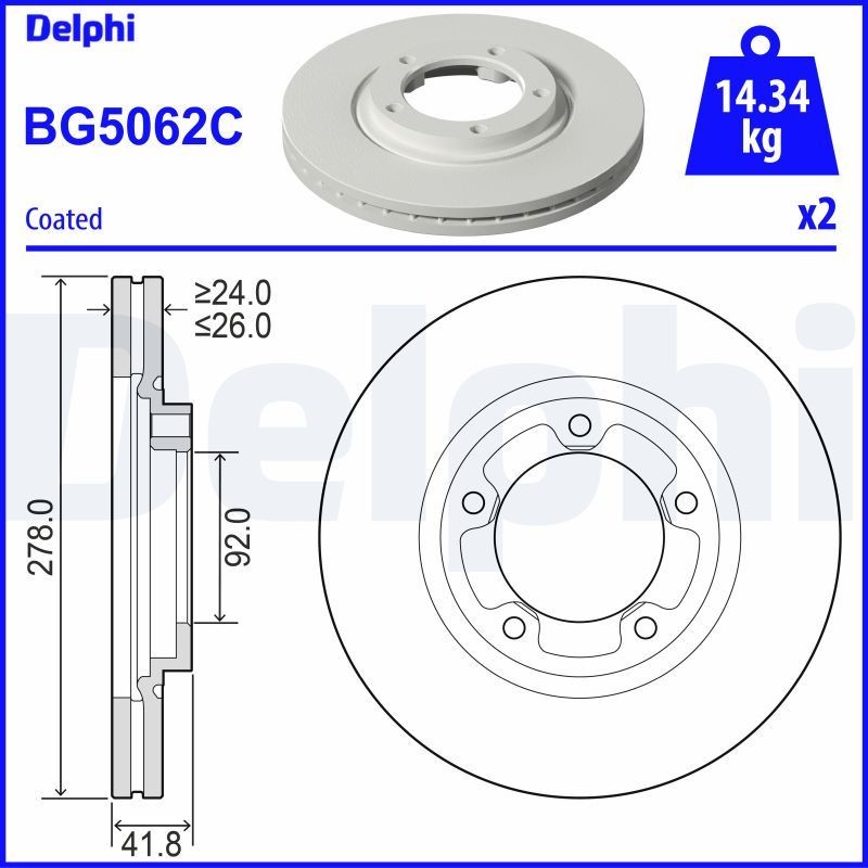 DELPHI BG5062C: Disque de frein Ø: 278mm, ventilé, Ø: 278mm, revêtu