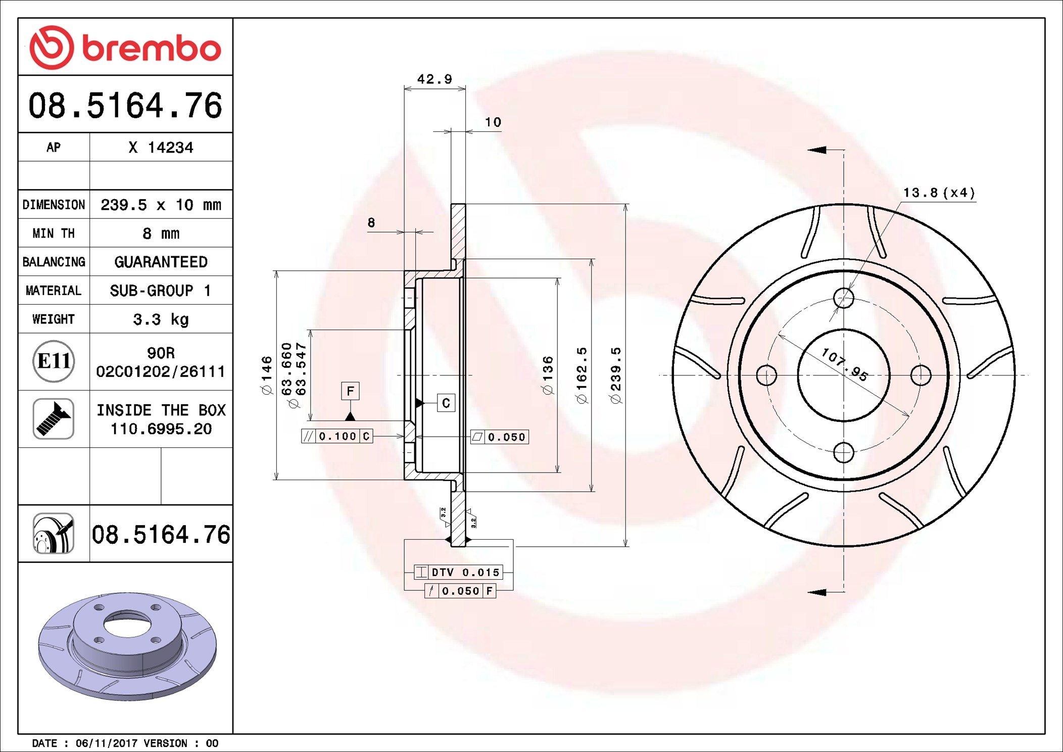BREMBO 08.5164.76: Piduriketas Ø: 240mm, täis, piludega, Ø: 240mm, kaetud, koos hammastega vedruseibiga MAX LINE