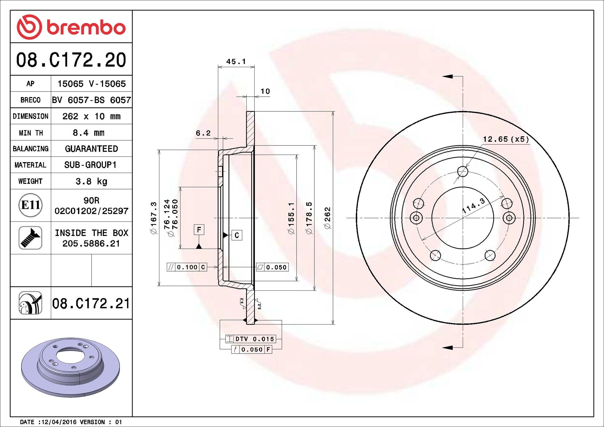 BREMBO 08.9176.10: Stabdžių diskas PRIME LINE Ø: 294mm, visiškai, Ø: 294mm