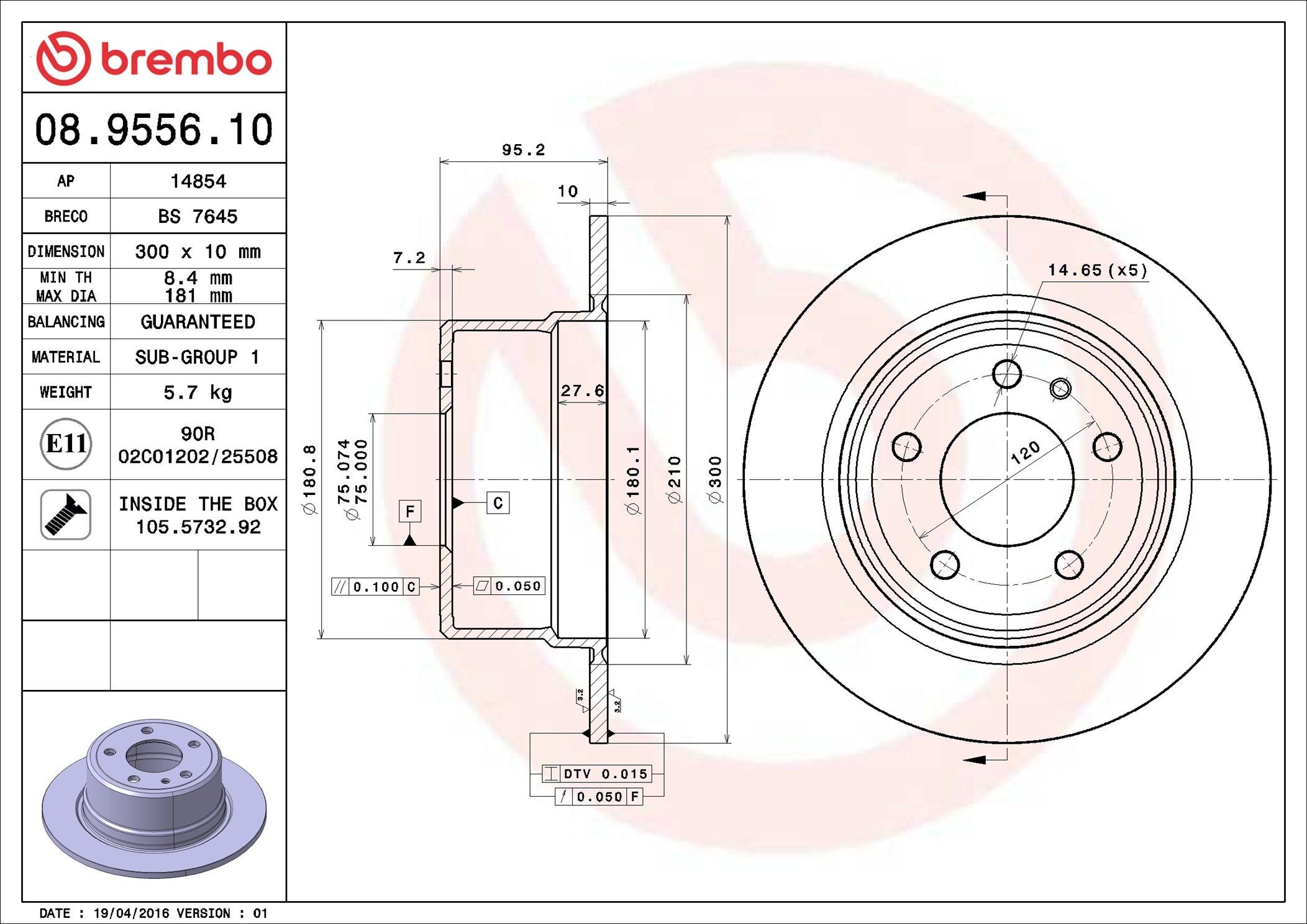 BREMBO 08.9556.10: Stabdžių diskas PRIME LINE Ø: 300mm, visiškai, Ø: 300mm, su varžtais
