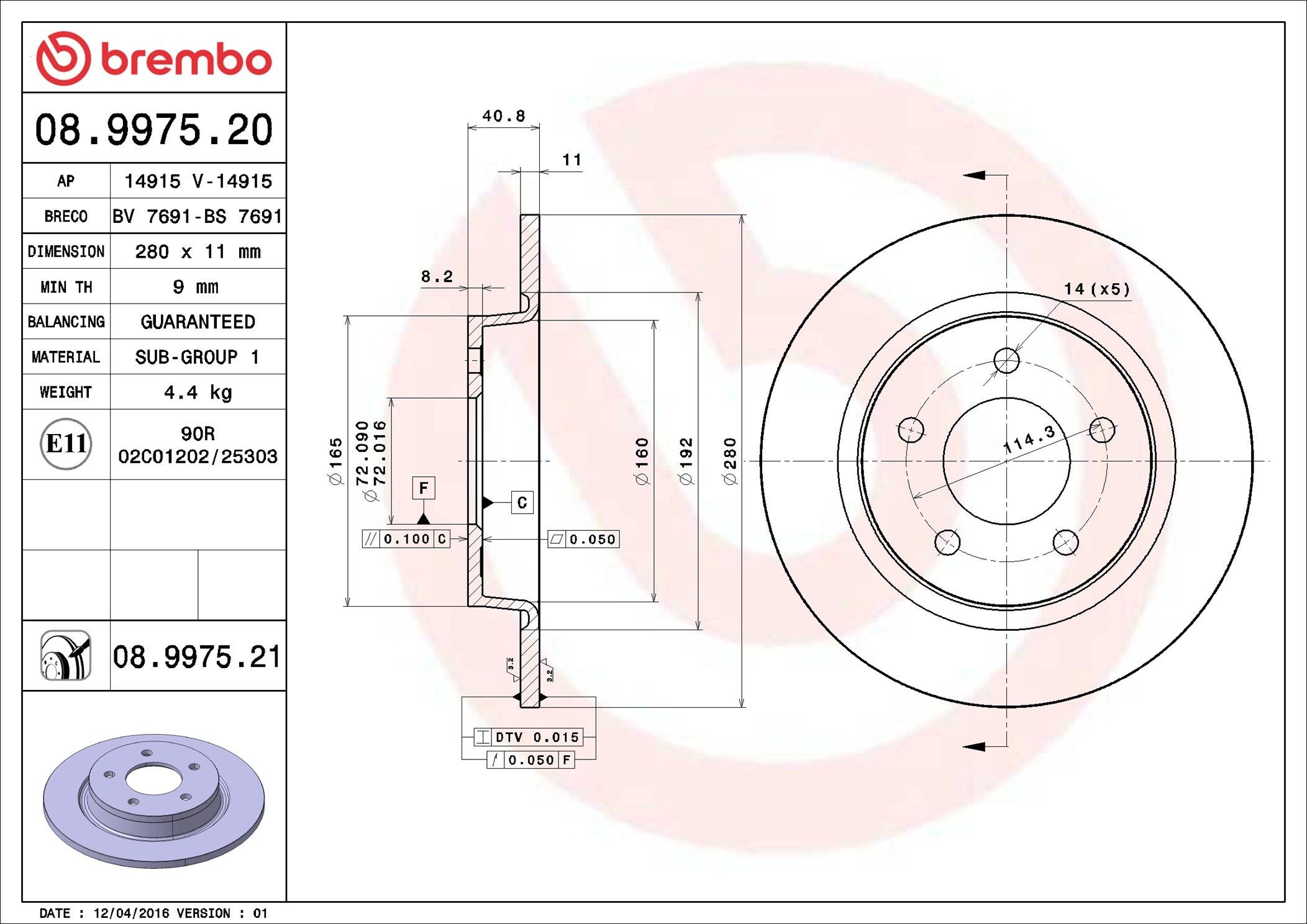 BREMBO 08.9975.20: Δισκόπλακα PRIME LINE Ø: 280mm, πλήρες, Ø: 280mm