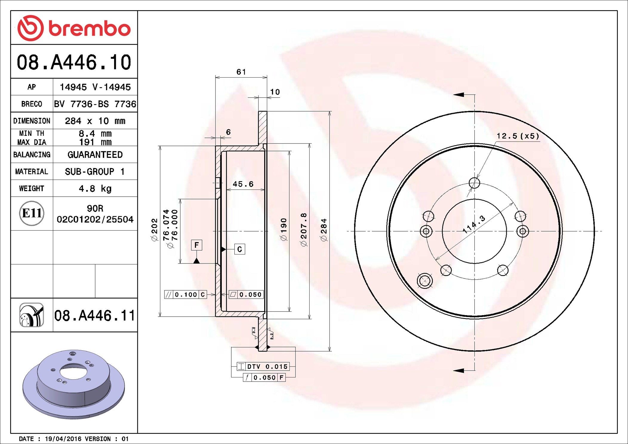 BREMBO 08.A446.10: Brzdový kotúč PRIME LINE Ø: 284mm, plný, Ø: 284mm