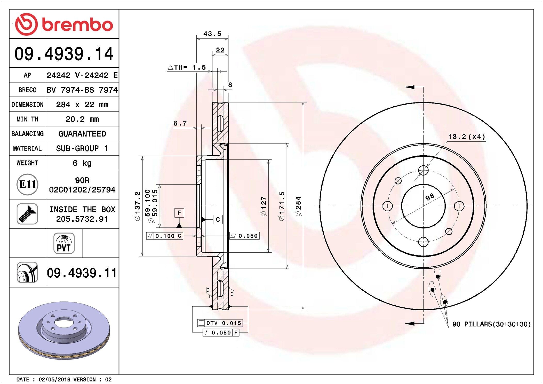 BREMBO 09.4939.14: Bremžu diski PRIME LINE Ø: 284mm, ar iekšējo ventilāciju, Ø: 284mm, ar skrūvēm