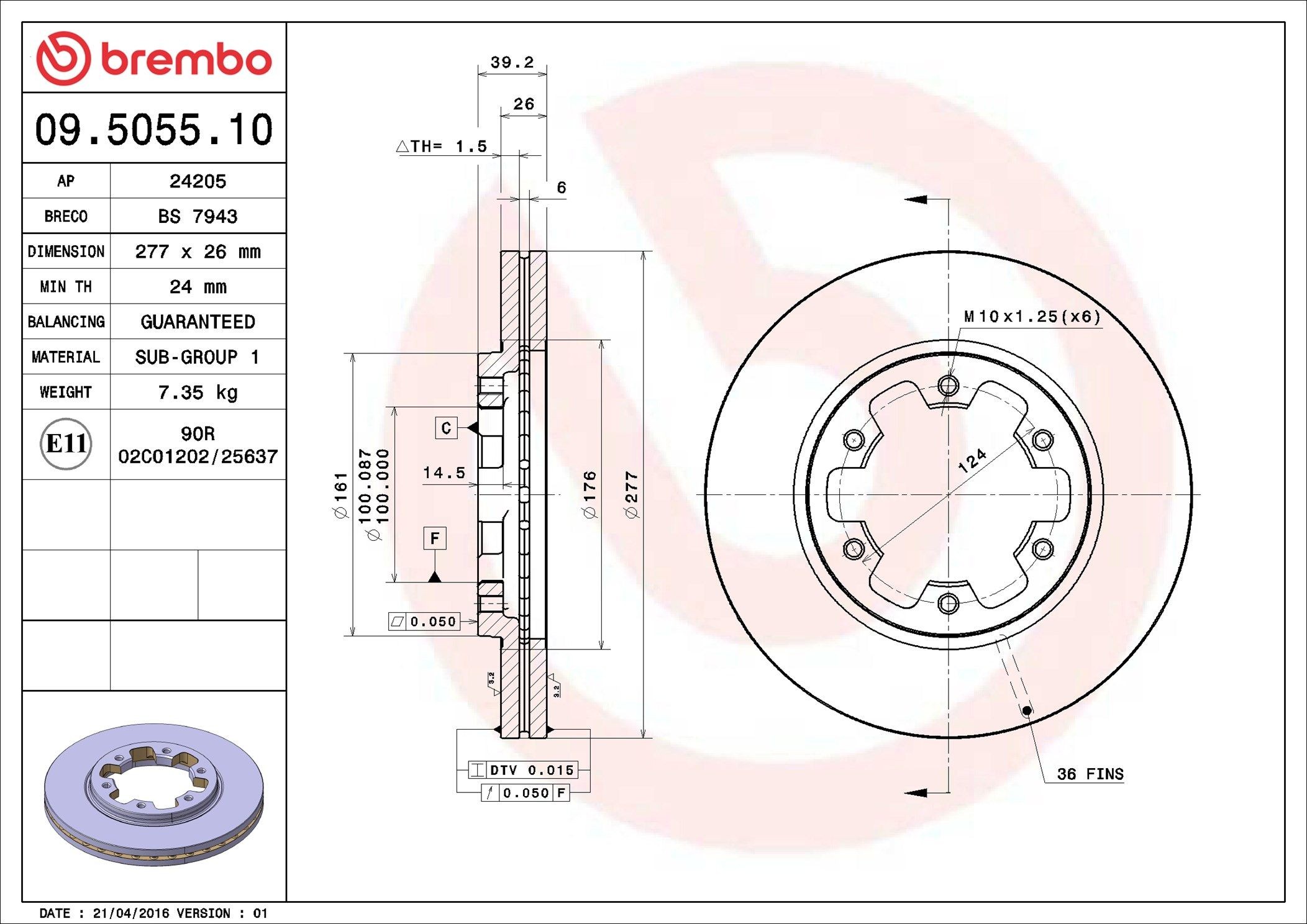BREMBO 09.5055.10: Stabdžių diskas PRIME LINE Ø: 277mm, vidinis ventiliavimas, Ø: 277mm