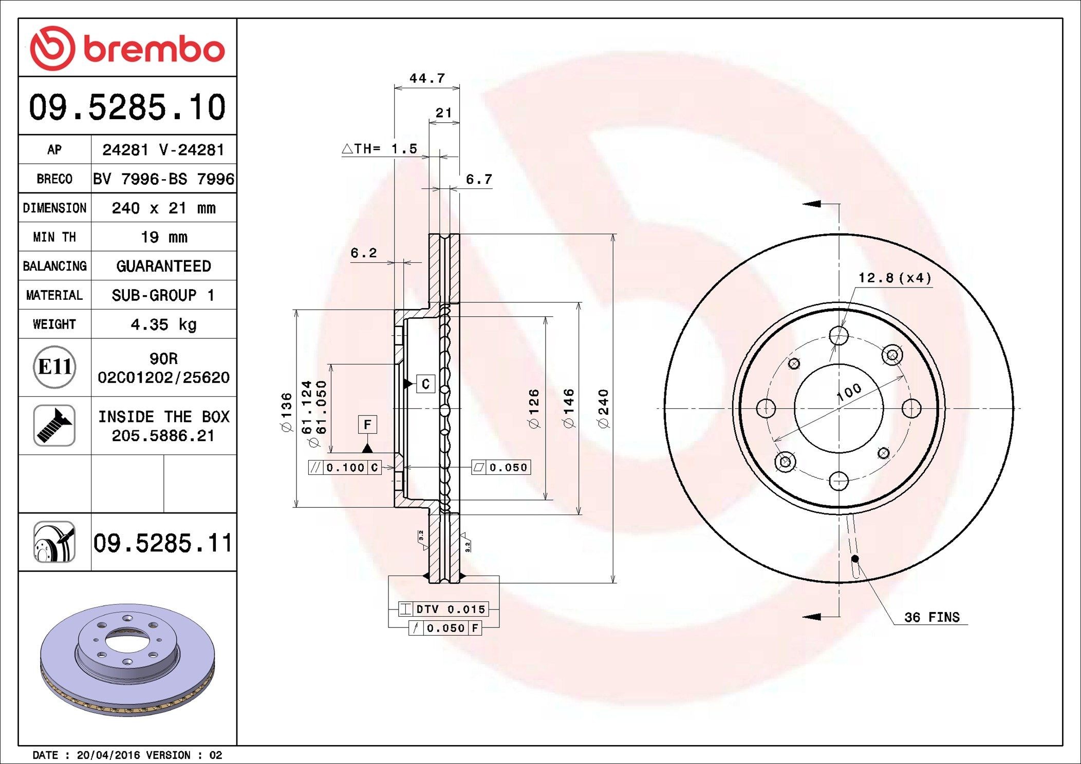 BREMBO 09.5285.10: Disco de freno PRIME LINE Ø: 240mm, ventilación interna, Ø: 240mm, con tornillos