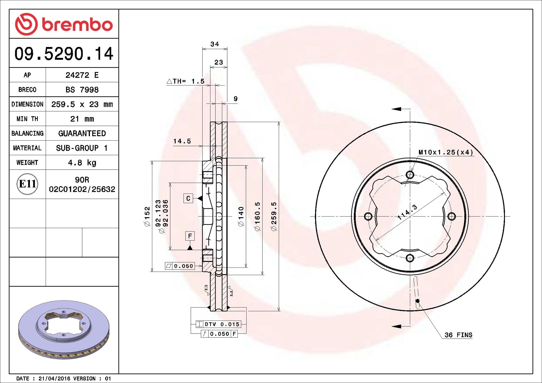 BREMBO 09.5290.14: Disco de freno PRIME LINE Ø: 259mm, ventilación interna, Ø: 259mm