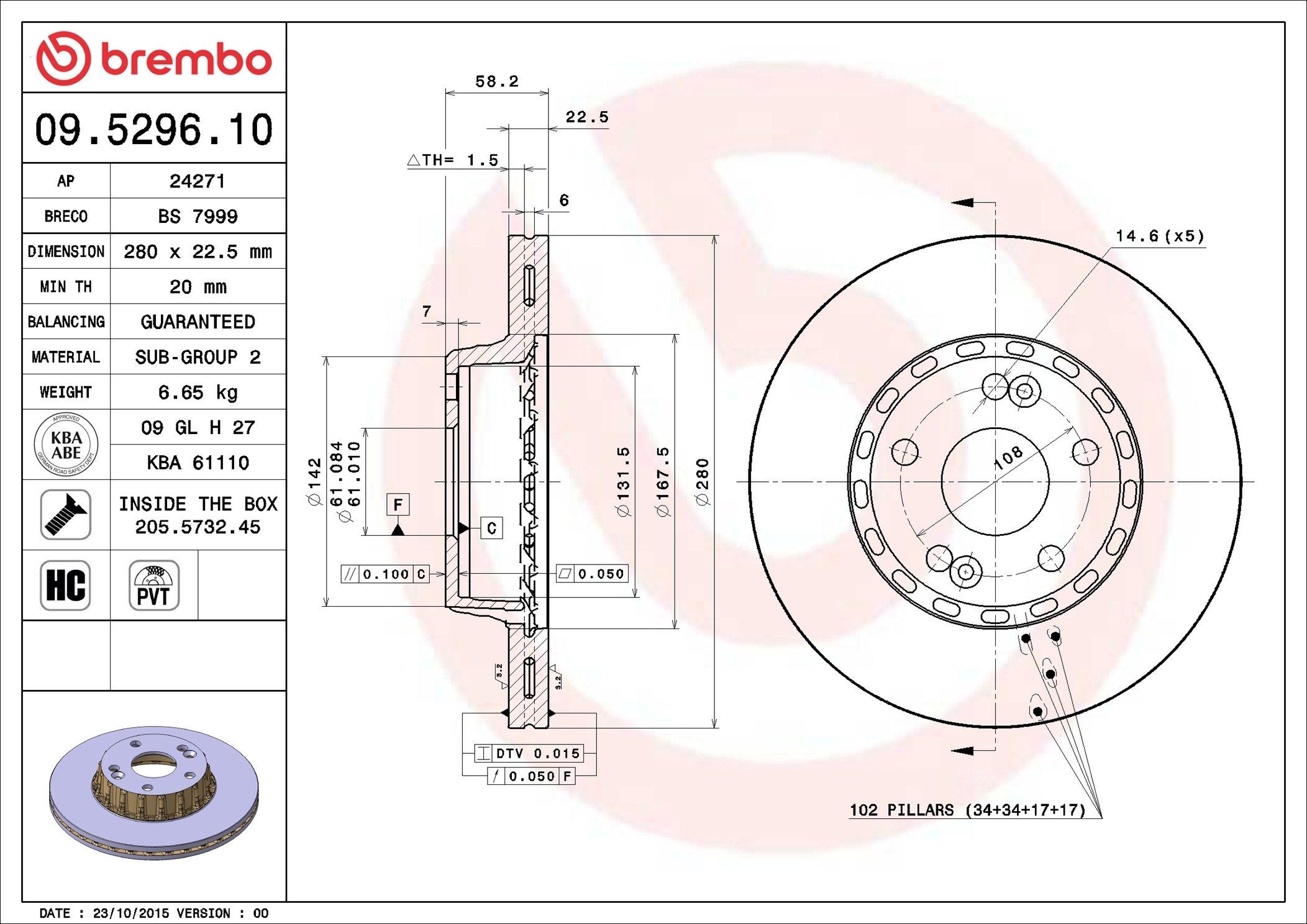 BREMBO 09.5296.10: Piduriketas PRIME LINE Ø: 280mm, sisemine õhutus, Ø: 280mm, koos kruvidega
