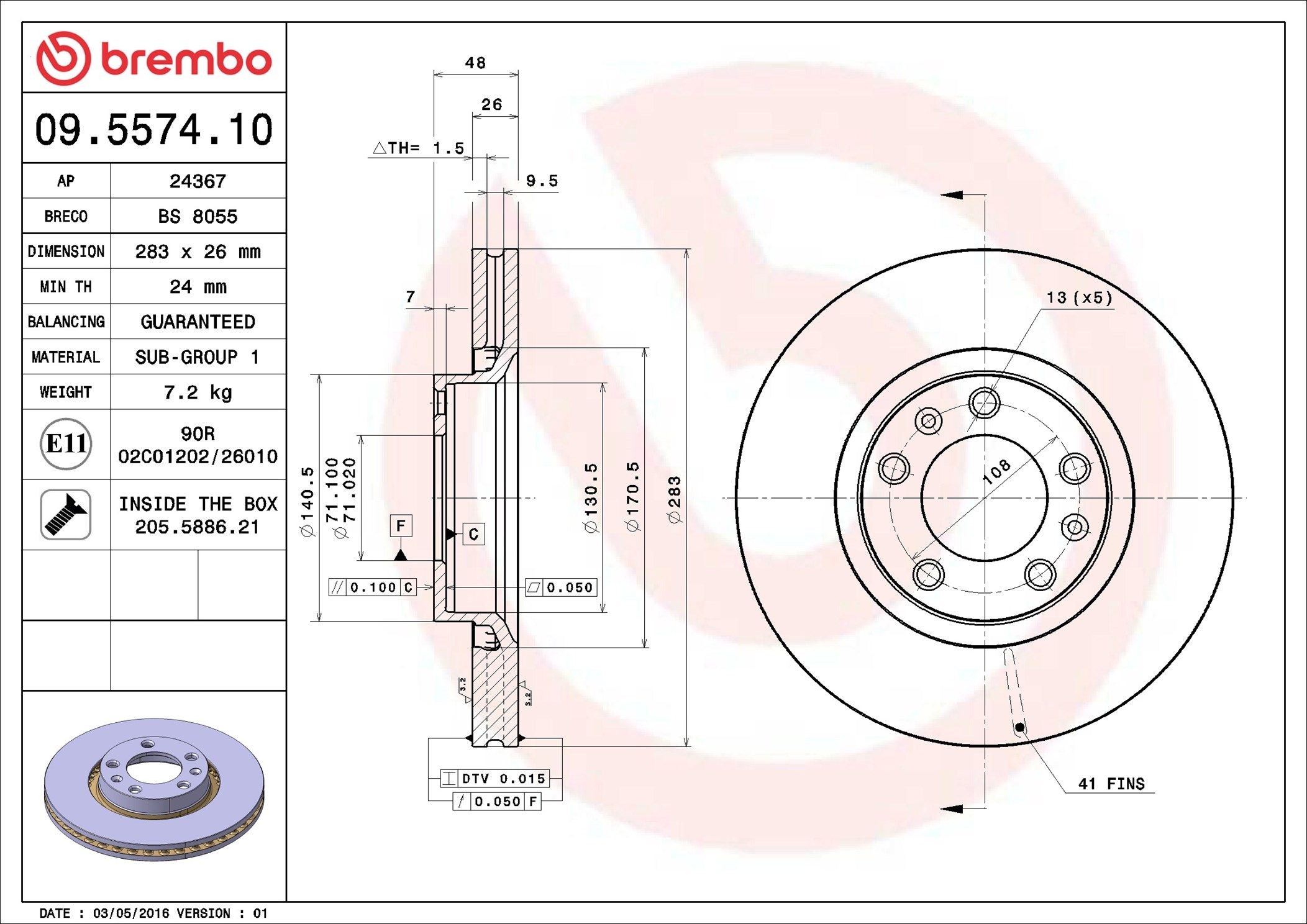 BREMBO 09.5574.10: Bremseskive PRIME LINE Ø: 283mm, indvendigt ventileret, Ø: 283mm, med skruer