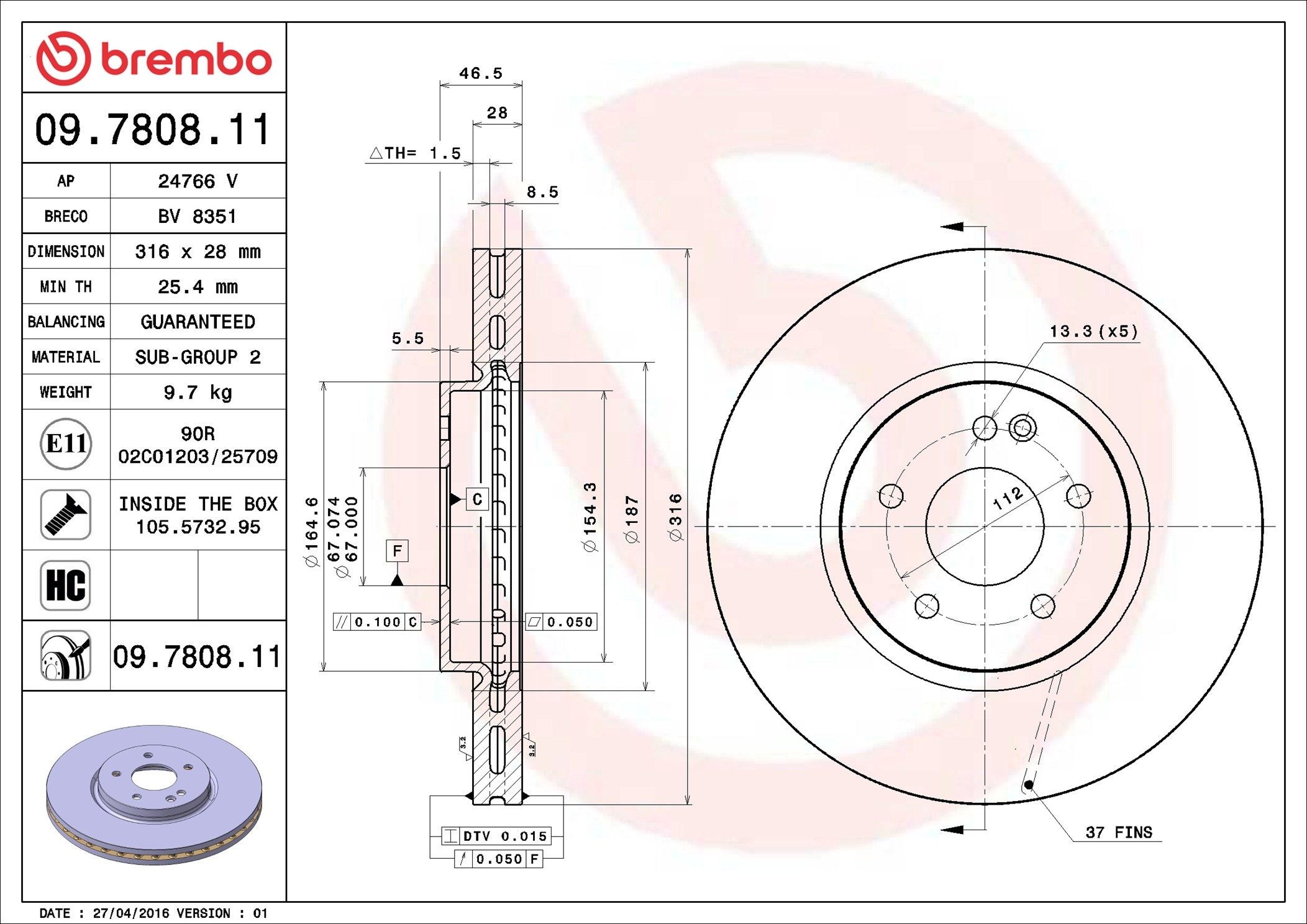 BREMBO COATED DISC LINE 09.7808.11 Bremsscheibe Ø: 316mm, innenbelüftet, Ø: 316mm, beschichtet, mit Schrauben