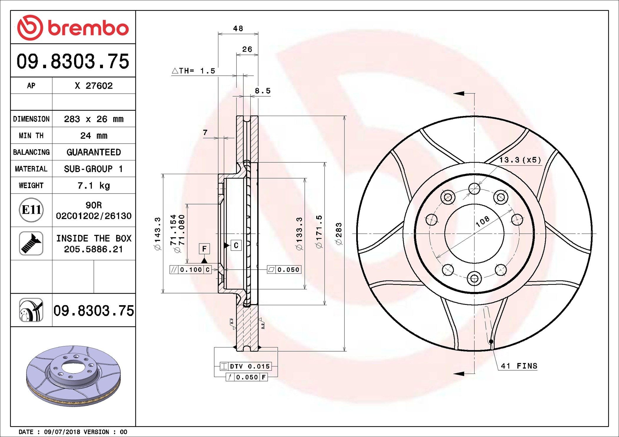 BREMBO 09.8303.75: Bremseskive Ø: 283mm, indvendigt ventileret, opslidset, Ø: 283mm, coatet, med skruer MAX LINE