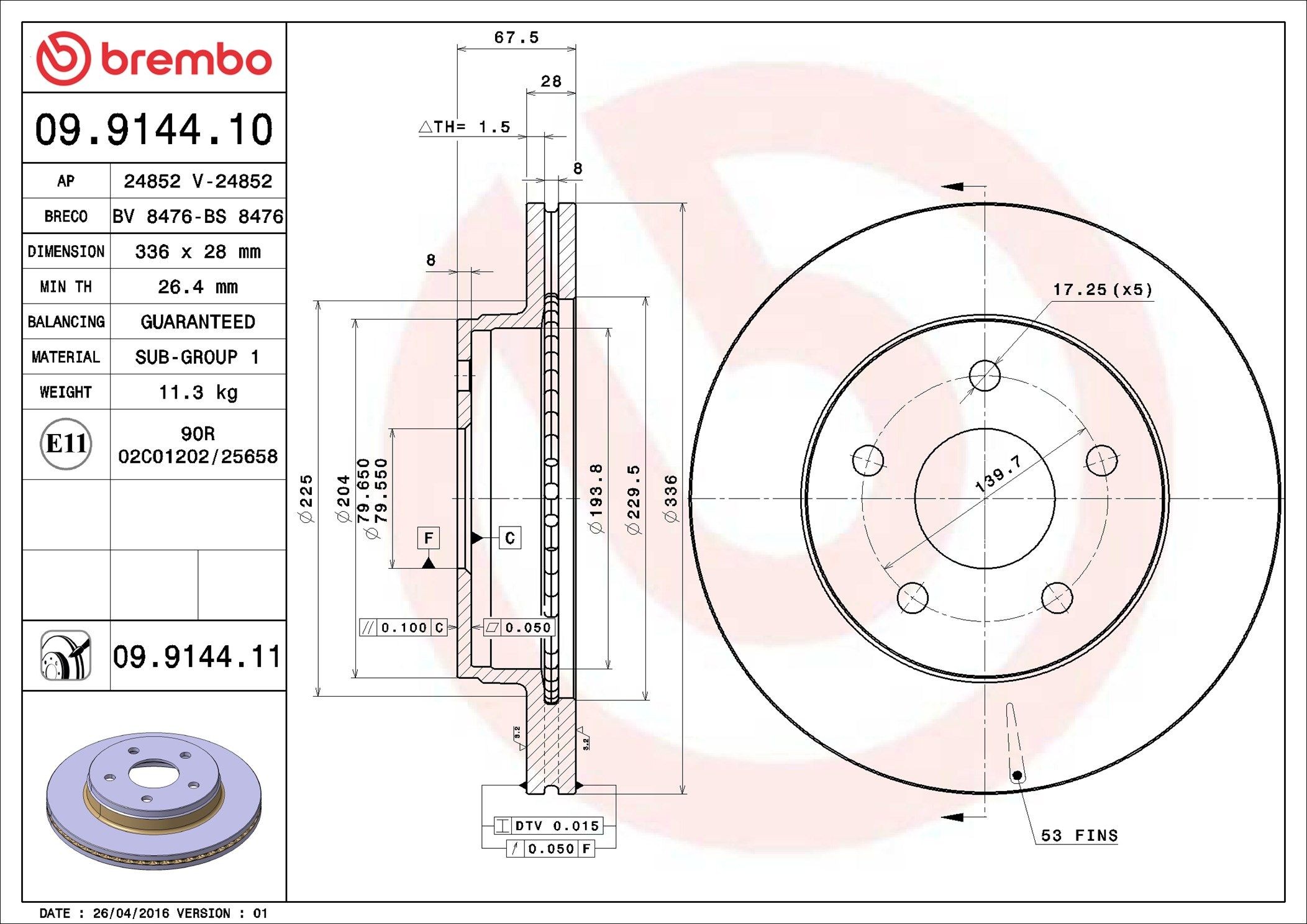 BREMBO 09.9144.10: Disco de freno PRIME LINE Ø: 336mm, ventilación interna, Ø: 336mm