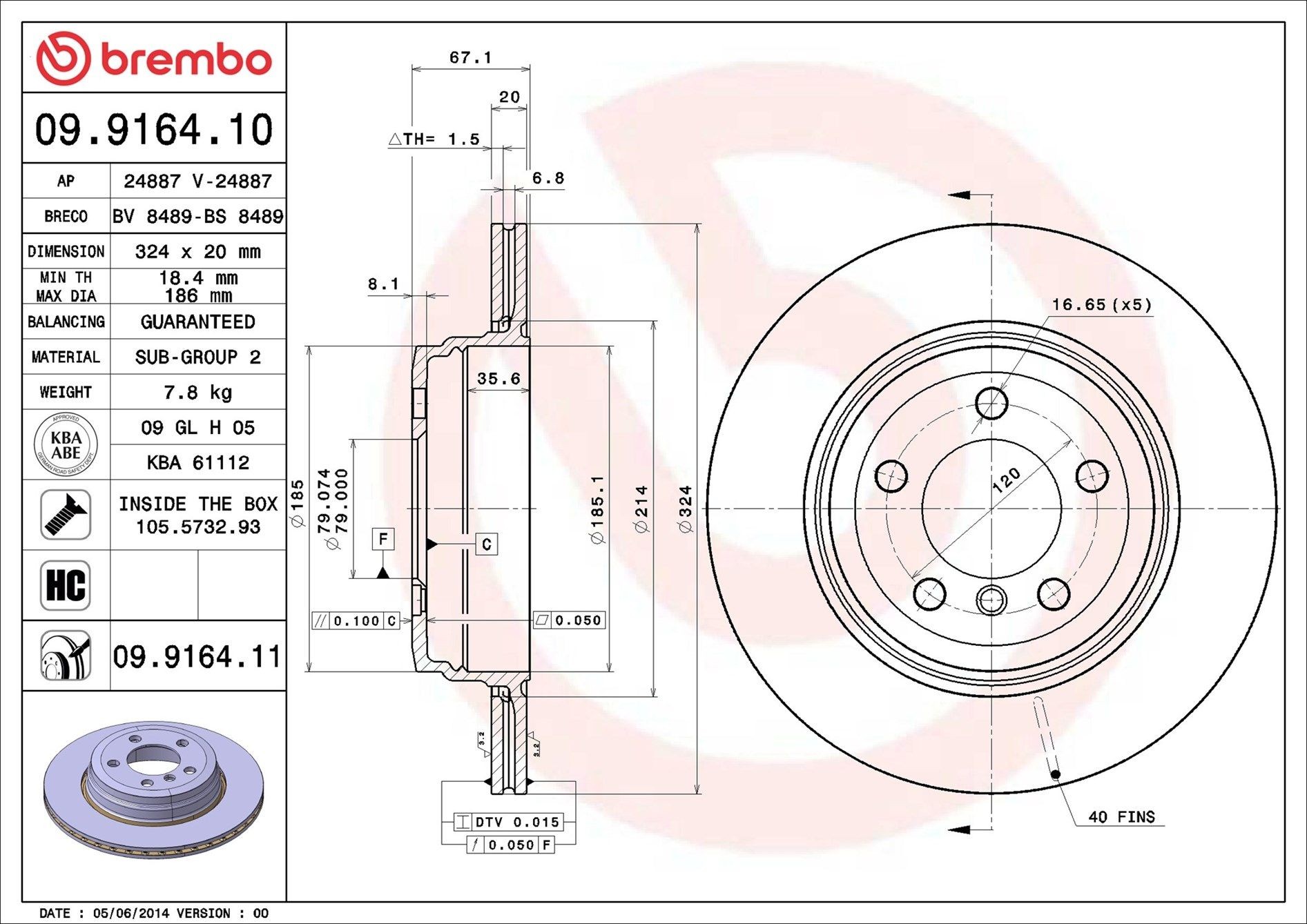 BREMBO 09.9164.11: Brzdový kotouč R: 324mm, vnitřně větráno, R: 324mm, nátěr, se šrouby COATED DISC LINE