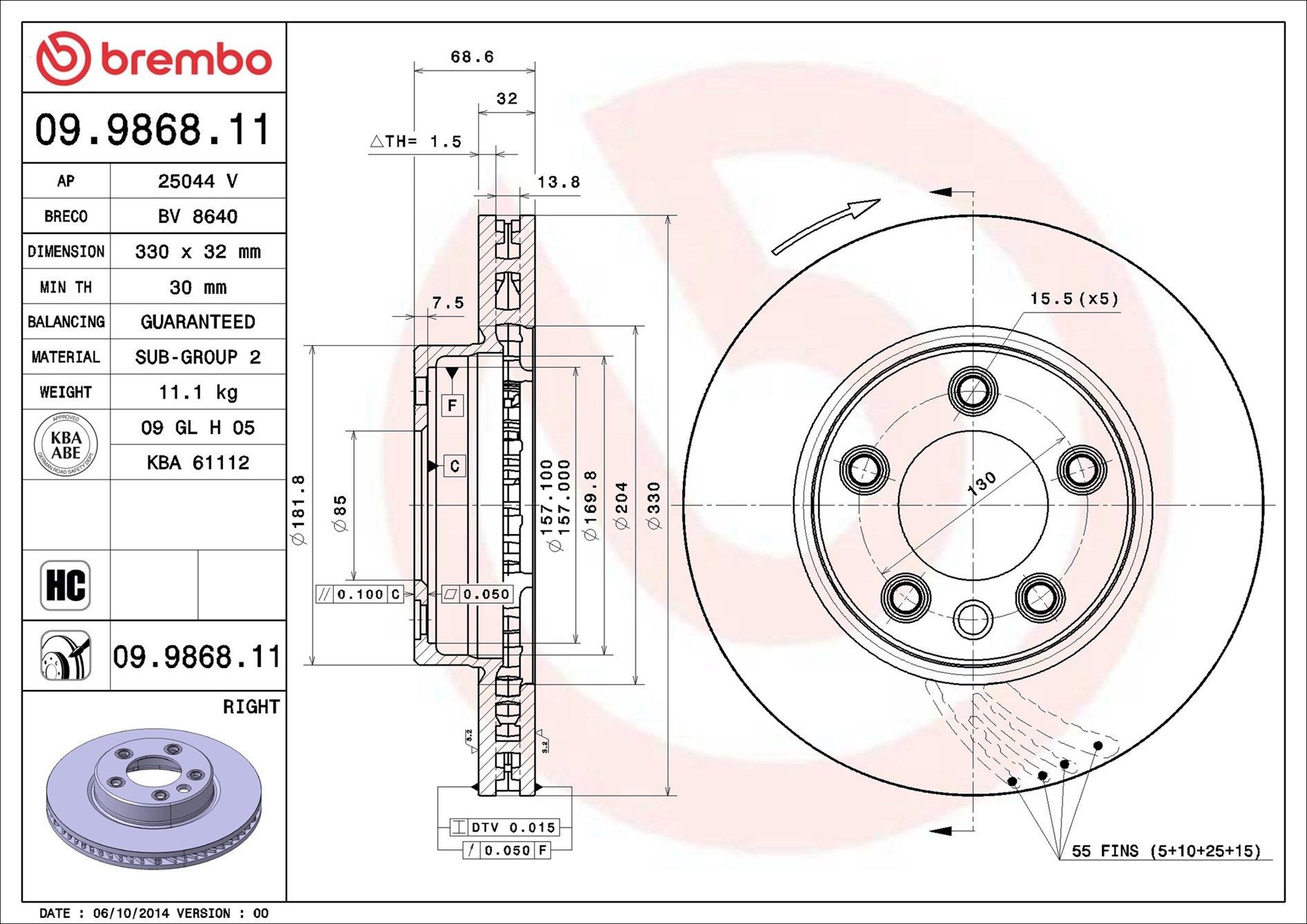 BREMBO 09.9868.11: Piduriketas Ø: 330mm, sisemine õhutus, Ø: 330mm, kaetud COATED DISC LINE
