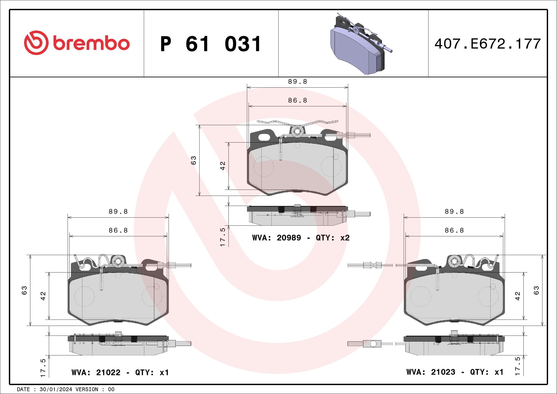 BREMBO P 61 031: Sada brzdových destiček, kotoučová brzda PRIME LINE bez příslušenství, s krycím plechem