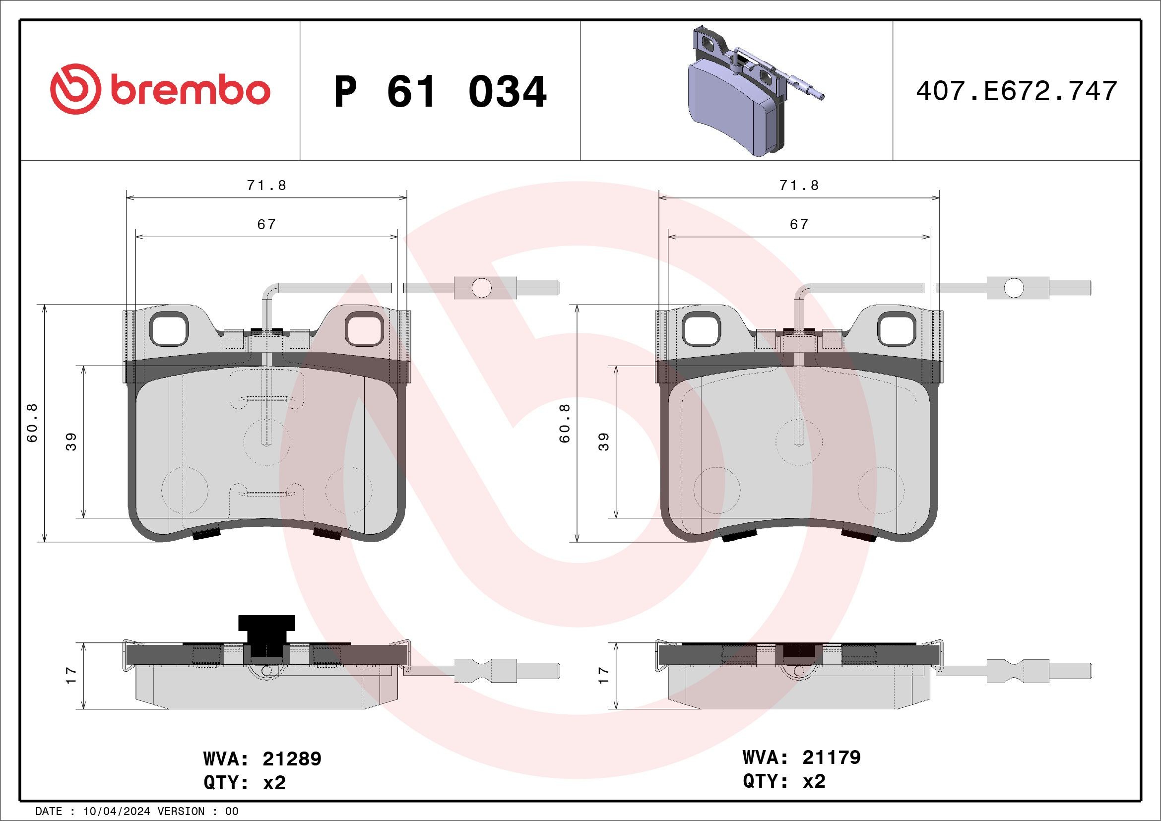 BREMBO P 61 034: Fékbetét készlet, tárcsafék PRIME LINE Tartozékok nélkül, csikorgásgátló lemezzel