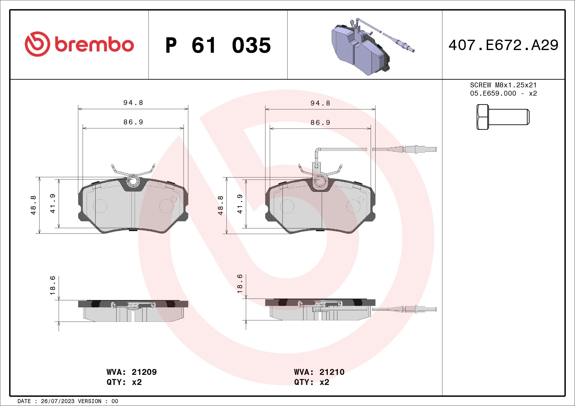 BREMBO P 61 035: Piduriklotsid PRIME LINE koos lisadega, koos pidurisadula kruvidega, koos kokkusurumisvastase plekiga