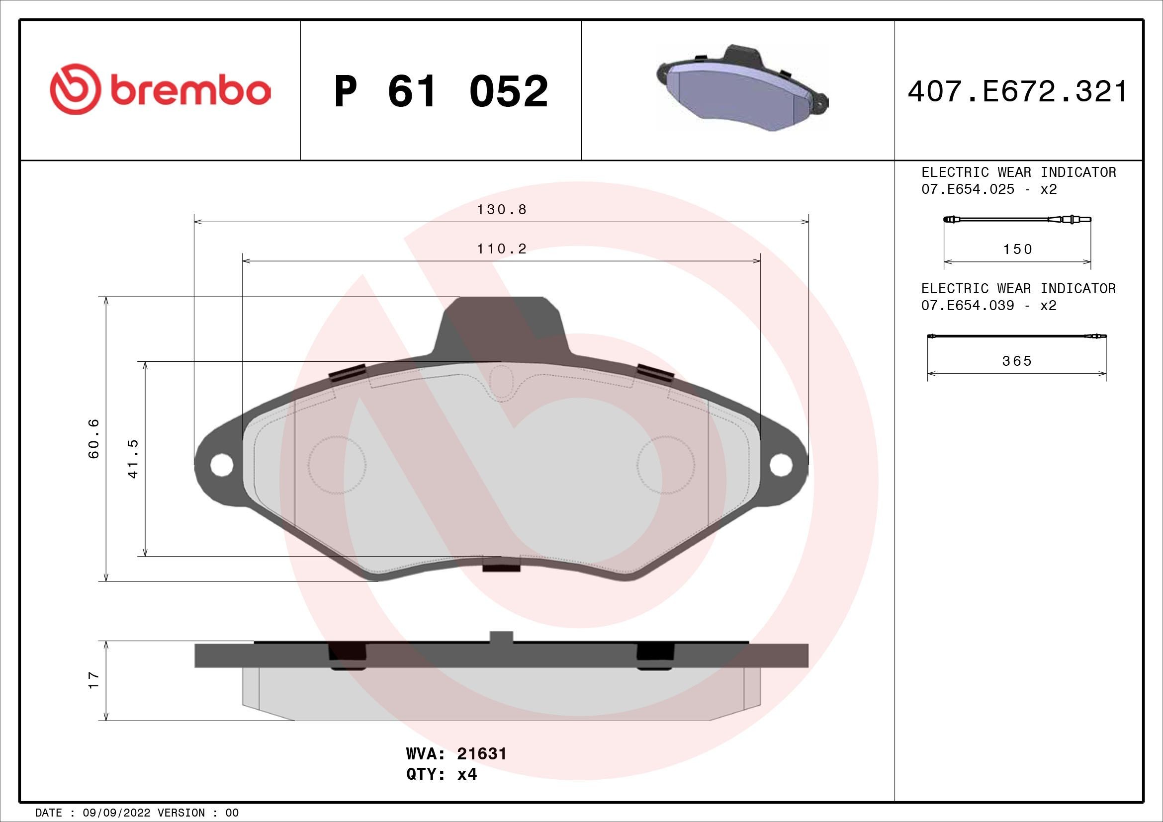 BREMBO P 61 052: Fékbetét készlet, tárcsafék PRIME LINE Tartozékok nélkül, csikorgásgátló lemezzel