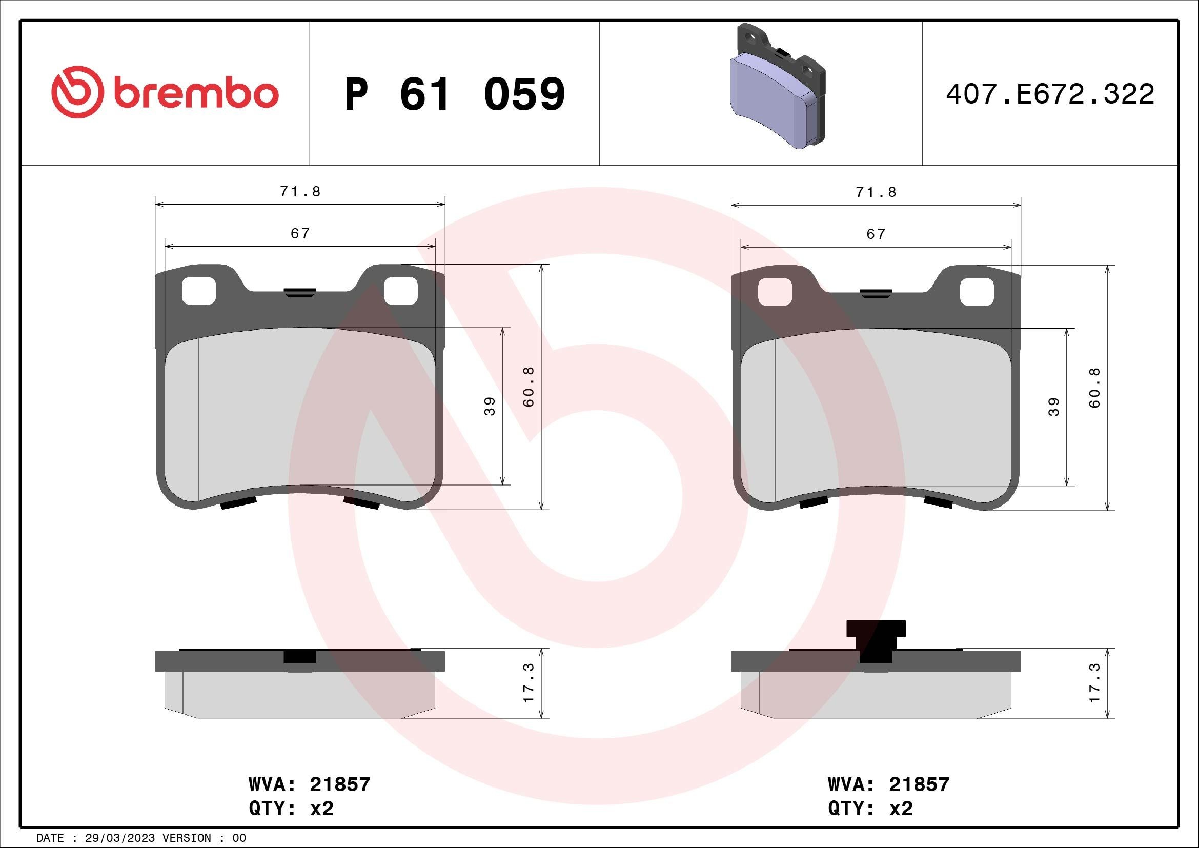 BREMBO P 61 059: Fékbetét készlet, tárcsafék PRIME LINE Tartozékok nélkül, csikorgásgátló lemezzel