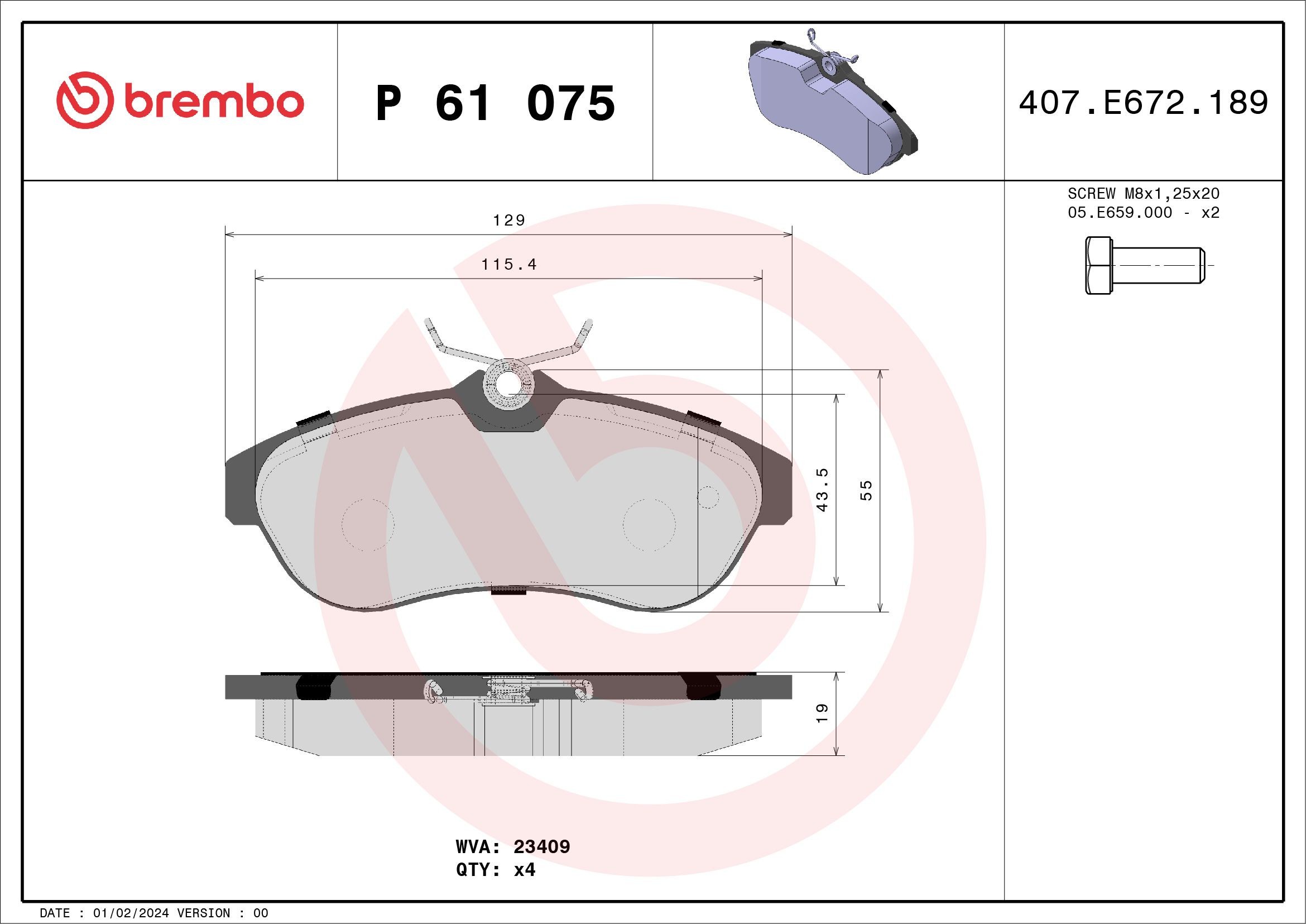 BREMBO P 61 075: Fékbetét készlet, tárcsafék PRIME LINE Tartozékokkal, féknyereg csavarokkal, csikorgásgátló lemezzel