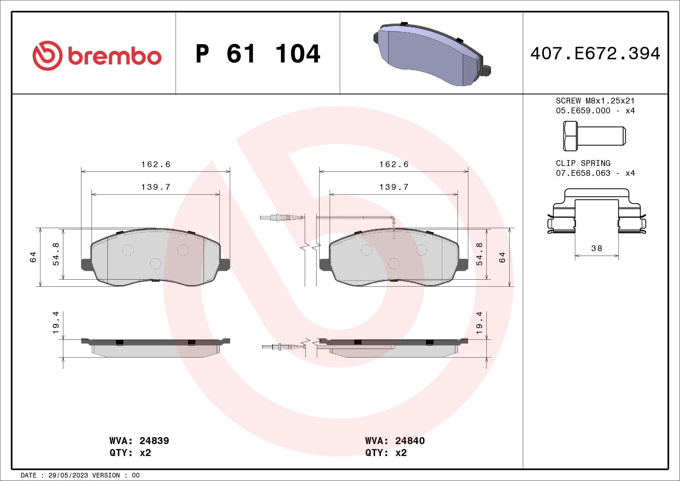BREMBO P 61 104: Fékbetét készlet, tárcsafék PRIME LINE Tartozékokkal, féknyereg csavarokkal, dugattyú sasszeggel, csikorgásgátló lemezzel