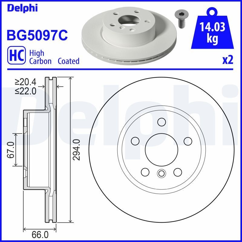 DELPHI BG5097C: Stabdžių diskas Ø: 294mm, ventiliuojama, Ø: 294mm, padengta