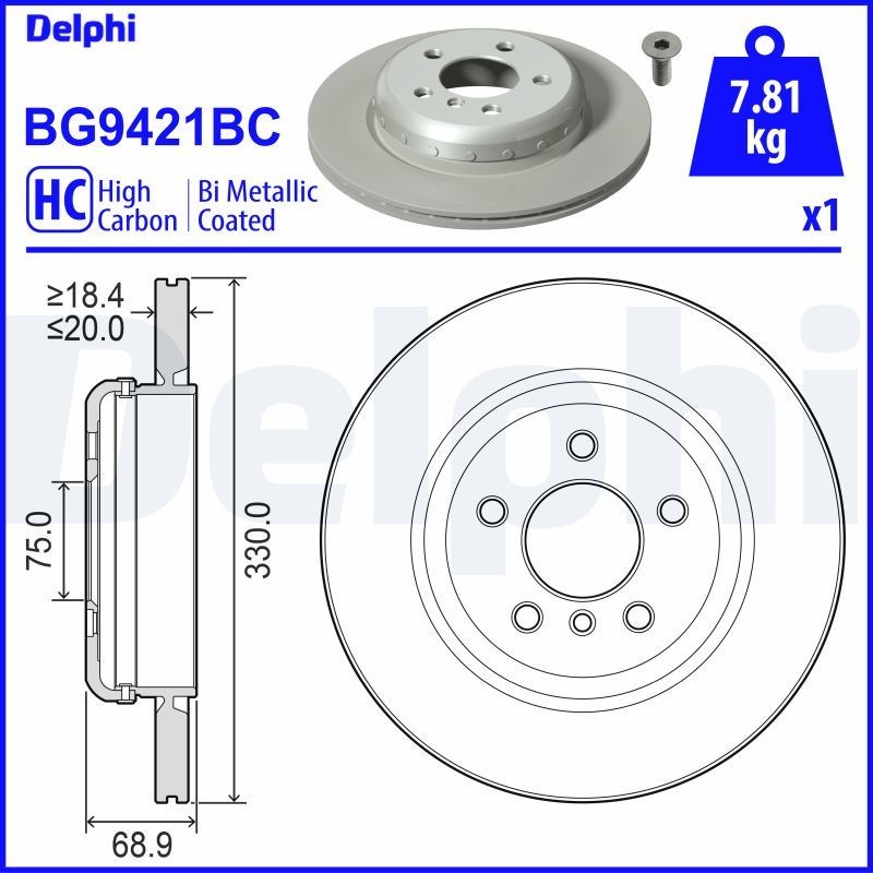 DELPHI BG9421BC: Piduriketas Ø: 330mm, õhutusega, kaheosaline piduriketas, Ø: 330mm, kaetud