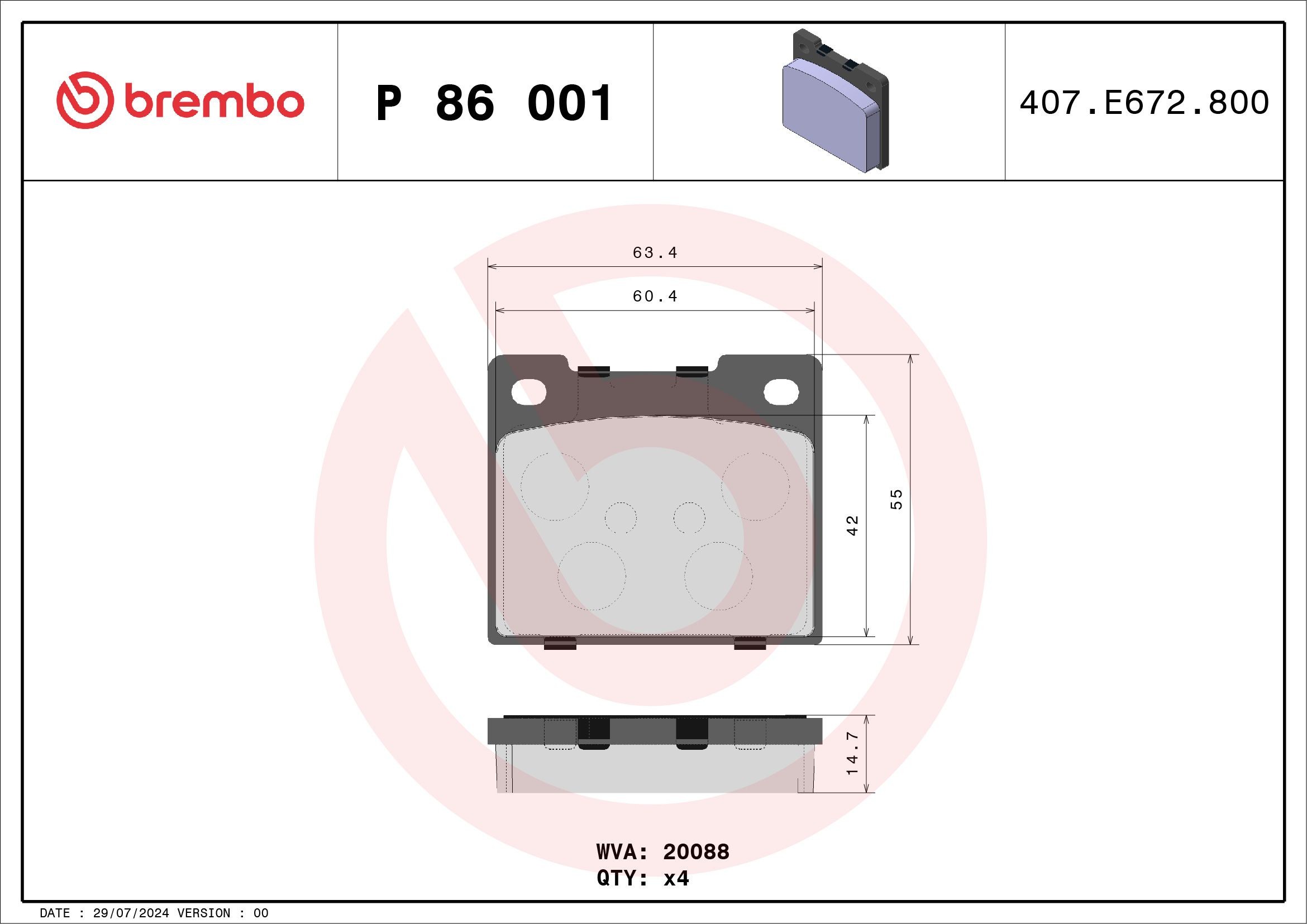 BREMBO P 86 001: Fékbetét készlet, tárcsafék PRIME LINE Tartozékok nélkül, csikorgásgátló lemezzel