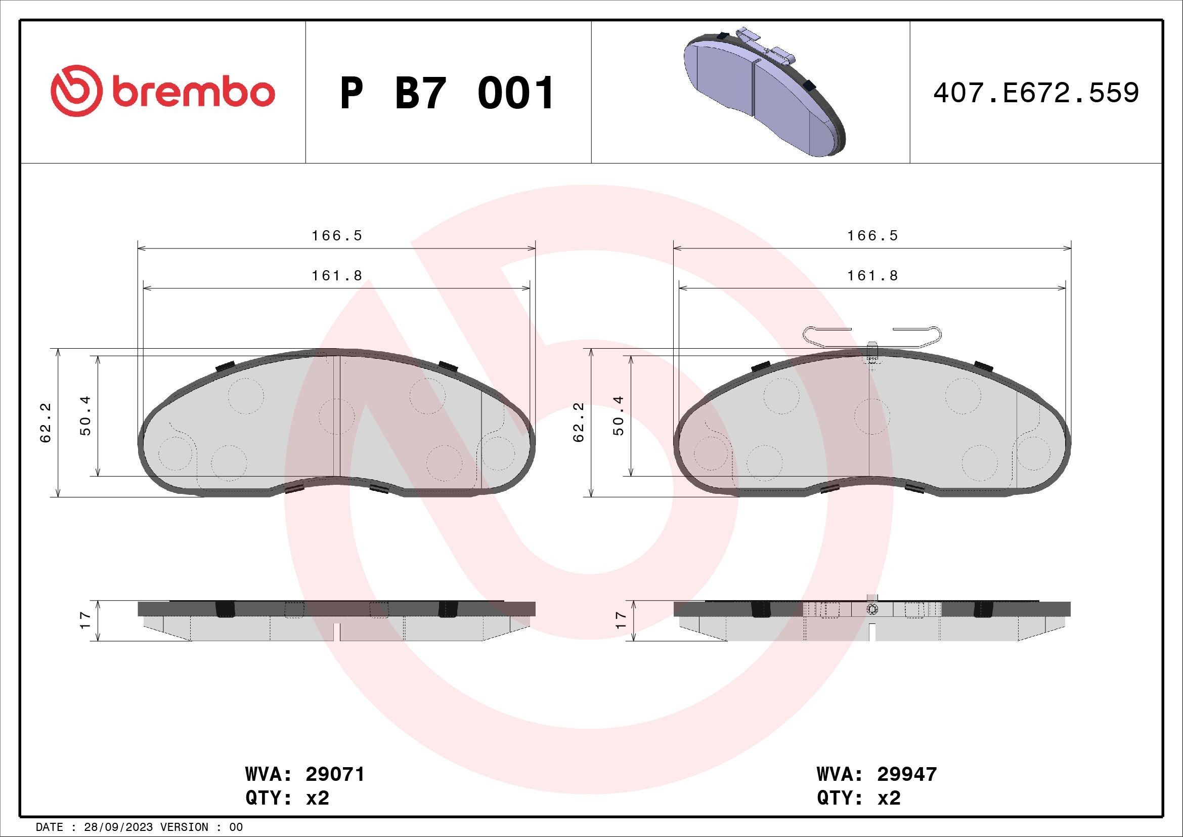 BREMBO P B7 001: Jarrupalat, levyjarru PRIME LINE Ilman tarvikkeita, Huudonvaimennuspellillä